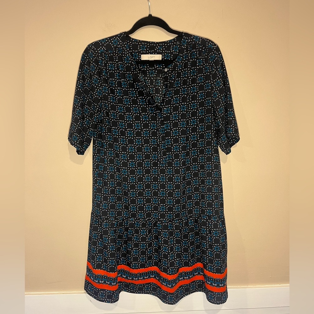 LOFT Black and Blue and Orange Geometric Dress
